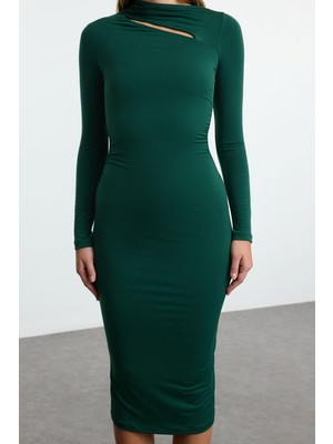 FRM Kadın Moda Şık Midi Boy Dik Yaka Slim Cut Out Detaylı Fitted Vücuda Oturan Esnek Örme Elbise
