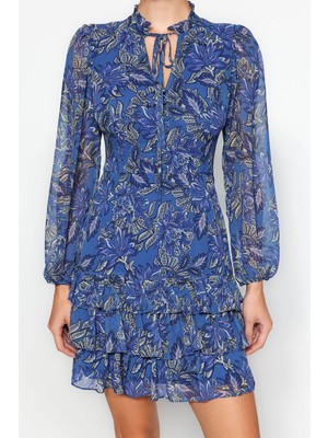 FRM Kadın Moda Şık Mini Boy Dik Yaka Regular Eteği Fırfırlı Yaka Detaylı Dokuma Kışlık Elbise