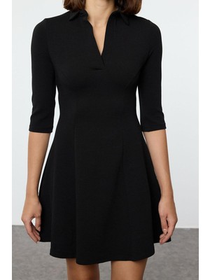 FRM Kadın Moda Şık Mini Boy Polo Yaka Slim Skater Belden Açılan Örme Elbise