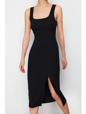 Ersefa Moda Stil Slim Kare Yaka Midi Boy Itted Vücuda Oturan Yırtmaçlı Esnek Örme Kalem Elbise