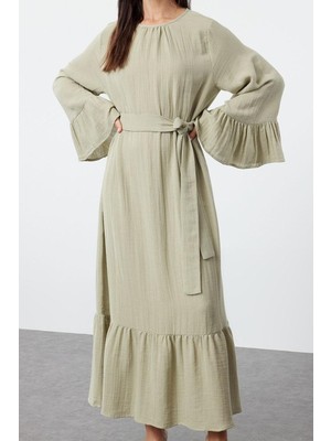 Ersefa Moda Stil Relaxed Bisiklet Yaka Maxi Boy Tesettür Eteği Fırfırlı Müslin Dokuma Elbise