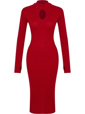 Ersefa Moda Stil Slim Dik Yaka Midi Boy Triko Pencere Cut Out Elbise