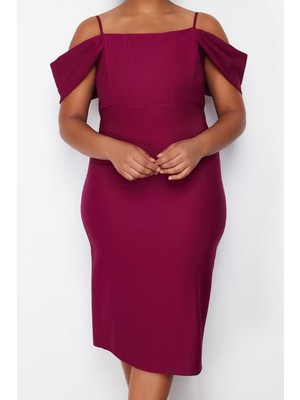 Ersefa Moda Stil Fitted Carmen Yaka Midi Boy Büyük Beden Düz Bodycone Dokuma Büyük Beden Elbise