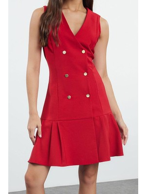 Ersefa Moda Stil Regular Ceket Yaka Mini Boy Pilise Detaylı Dokuma Ceket Elbise