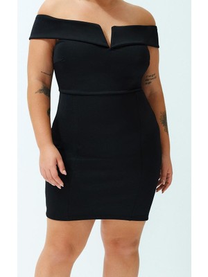 Ersefa Moda Stil Fitted V Yaka Mini Boy Büyük Beden Çift Kat Yaka Detaylı Örme Elbise