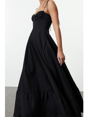 Ersefa Moda Stil Regular Kalp Yaka Maxi Boy Drape Detaylı Dokuma Elbise