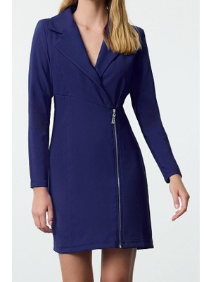 Ersefa Moda Stil Fitted Ceket Yaka Mini Boy Fermuar Detaylı Dokuma Elbise