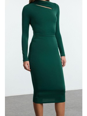 Ersefa Moda Stil Slim Dik Yaka Midi Boy Cut Out Detaylı Fitted Vücuda Oturan Esnek Örme Elbise