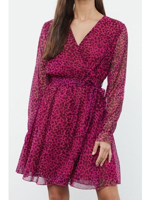 Ersefa Moda Stil Regular Kruvaze Mini Boy Çiçekli Desenli Kuşaklı Dokuma Elbise