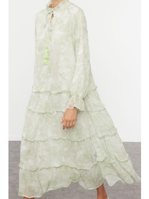 Ersefa Moda Stil Regular Hakim Yaka Maxi Boy Tesettür Dokuma Şifon Çiçek Desenli Elbise