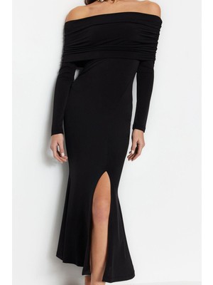 Ersefa Moda Stil Fitted Carmen Yaka Midi Boy Şık Abiye Elbise