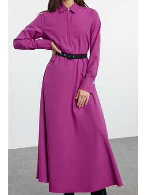 Ersefa Moda Stil Regular Gömlek Yaka Uzun Tesettür Kemer Detaylı Dokuma Elbise