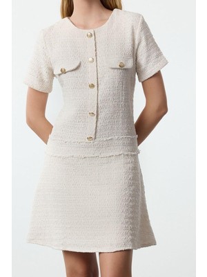 Ersefa Moda Stil Regular Bisiklet Yaka Mini Boy A Kesim Düğme Detaylı Tüvit Dokuma Elbise