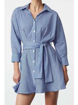 Ersefa Moda Stil Regular Gömlek Yaka Mini Boy Kuşaklı Çizgili Dokuma Gömlek Elbise