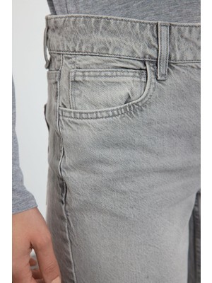 FRM Kadın Moda Şık Kot Pantolon Boru Paça Uzun Boy Denim Gri Yüksek Bel Straight Jeans