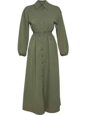 FRM Kadın Moda Şık Tesettür Uzun Hakim Yaka Regular Beli Lastikli Dokuma Elbise