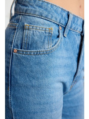 FRM Kadın Moda Şık Kot Pantolon Geniş Paça Uzun Boy Denim Mavi Yüksek Bel Jeans