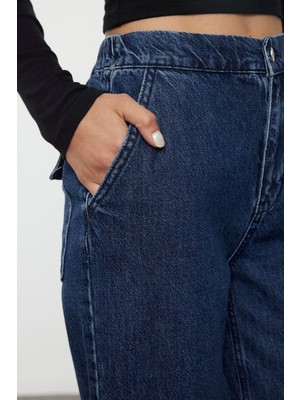 FRM Kadın Moda Şık Kot Pantolon Boru Paça Regular Boy Denim Beli Lastikli Yüksek Bel Straight Jeans