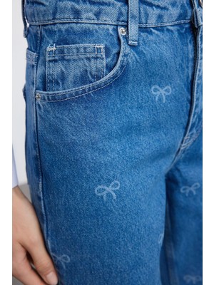 FRM Kadın Moda Şık Kot Pantolon Geniş Paça Regular Boy Denim Mavi Fiyonk Detaylı Yüksek Bel Jeans