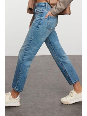 FRM Kadın Moda Şık Kot Pantolon Boru Paça Uzun Boy Denim Mavi Yüksek Bel Straight Jeans