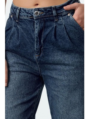 FRM Kadın Moda Şık Kot Pantolon Geniş Paça Uzun Boy Denim Mavi Pileli Comfort Yüksek Bel Jeans