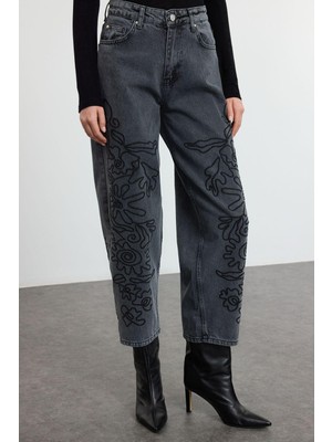 FRM Kadın Moda Şık Kot Pantolon Geniş Paça Uzun Boy Denim Antrasit Nakışlı Yüksek Bel Balon Jeans