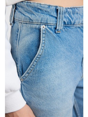 FRM Kadın Moda Şık Kot Pantolon Boru Paça Regular Boy Denim Mavi Yüksek Bel Jeans