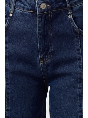 Ersefa Stil Kadın Moda Denim Kot Pantolon Regular Boru Paça Mavi Dikiş Detaylı Yüksek Bel Jeans