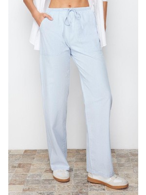 Ersefa Stil Kadın Moda Denim Kot Pantolon Geniş Paça Beli Lastikli Chambre Yüksek Bel Jeans