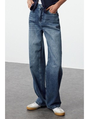 Ersefa Stil Kadın Moda Denim Kot Pantolon Regular Geniş Paça Lacivert Yüksek Bel Straight Jeans