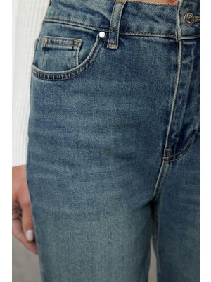 Ersefa Stil Kadın Moda Denim Kot Pantolon Uzun Dar Paça Mavi Yüksek Bel Comfort Mom Jeans