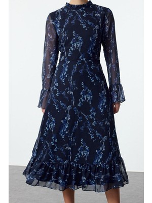FRM Kadın Moda Midi Boy Dik Yaka Regular Mavi Çiçek Desenli A Kesim Astarlı Şifon Dokuma Kışlık Elbise