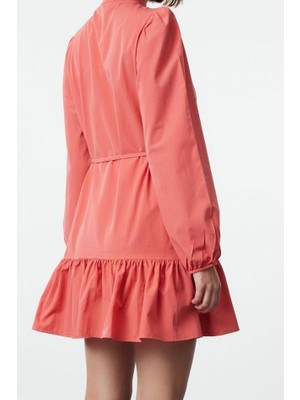 FRM Kadın Moda Şık Mini Boy Hakim Yaka Regular Gül Kurusu Kuşaklı Düz Kuşaklı Uzun Kollu Dokuma Elbise