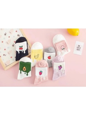 7 Li Meyve Desenli Yarım Konç Kolej Pamuklu Çorap