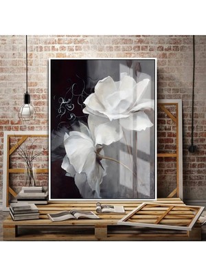 Harikabirev Harikabirev|beyaz-Gri-Gold En Sevilen Çiçek Tablosu |çerçeveli Temperli Cam Tablo Tekli Dikey