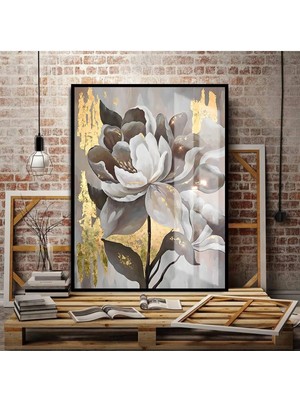 Harikabirev Harikabirev|gold-Gri Sevilen Çiçek Tablosu 01 |çerçeveli Temperli Cam Tablo Tekli Dikey