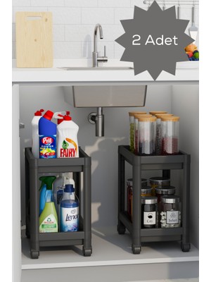 Mithra Life 2 Adet 2 Katlı Tekerlekli Tezgah Altı Siyah Banyo Mutfak Rafı MIT1122