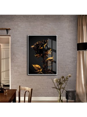 Harikabirev Harikabirev|çiçek Tablosu Soyut Çiçek Gold Siyah 03|çerçeveli Temperli Cam Tablo Tekli Dikey