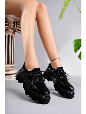 MARSHETTA Flex Model Scuba Dalgıç Kumaş Detaylı Siyah Kırışık Rugan Bağcıklı Kadın Loafer Ayakkabı