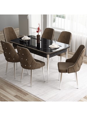Canisa Concept Tia Serisi, Siyah Mermer Desen 80X132 Açılabilir Mdf Yemek Odası Takımı 6 Sandalye Gümüş Detay