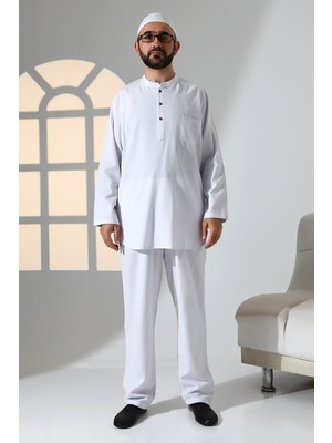 İhvan Online Erkek Tek Cepli Hakim Yaka Gömlek Pantolon Keten Ikili Takım Hac Umre Kıyafeti - Beyaz