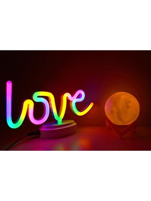 Işık Kasabası Love Neon ve Küre Gece Lambası, 3D ,yazılı Konsept