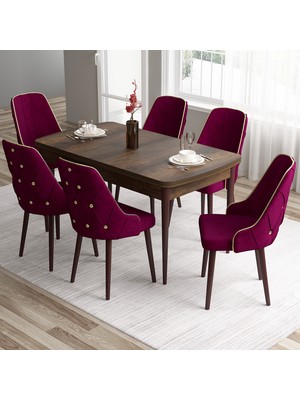 Canisa Tia Serisi,  Barok Ahşap Desen 80X132 Açılabilir Mdf Mutfak Masa Takımı 6 Sandalye Gold Detay