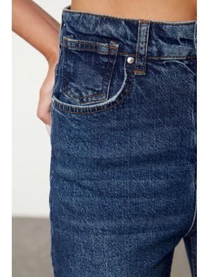 Ersefa Stil Kadın Moda Denim Kot Pantolon Uzun Boru Paça Mavi Yüksek Bel Comfort Mom Jeans