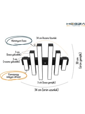 Hegza Lighting Parrilla (Siyah Kasa, Beyaz Işık) Ledli Modern Plafonyer LED Avize Salon Mutfak Oturma Odası