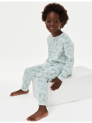 Marks & Spencer Saf Pamuklu Dinazor Desenli Pijama Takımı (1-8 Yaş)