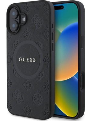 Guess Apple iPhone 16 Kılıf Guess Orjinal Lisanslı Magsafe Şarj Özellikli Yazı Logolu Saffiano Peony Siyah