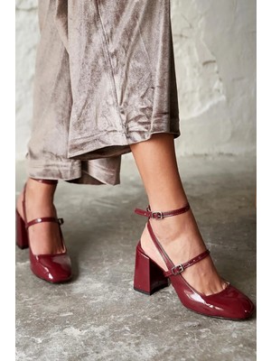 Trendy Anka Lady Bordo Rugan 7 cm Kalın Topuklu Mary Jane Küt Kare Burun Arkası Açık Rahat Ayakkabı