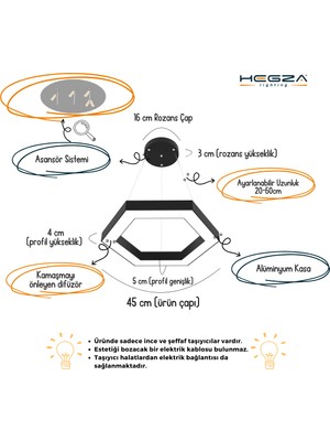 Hegza Lighting Hexagon (Siyah Kasa, Beyaz Işık) Ledli Modern Sarkıt LED Avize