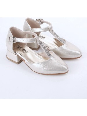 Kız Çocuk Pudra Direk Taşlı Topuklu Ayakkabı